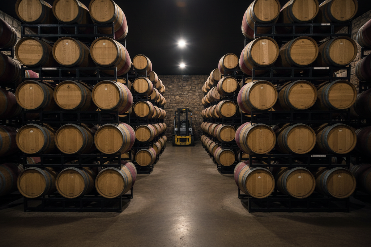 Wine barrels stacked in tall pyramid formations on BarrelHive black powder-coated steel rack frames inside a production winery cellar, with a forklift visible in the background aisle