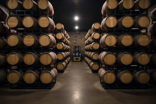 Wine barrels stacked in tall pyramid formations on BarrelHive black powder-coated steel rack frames inside a production winery cellar, with a forklift visible in the background aisle