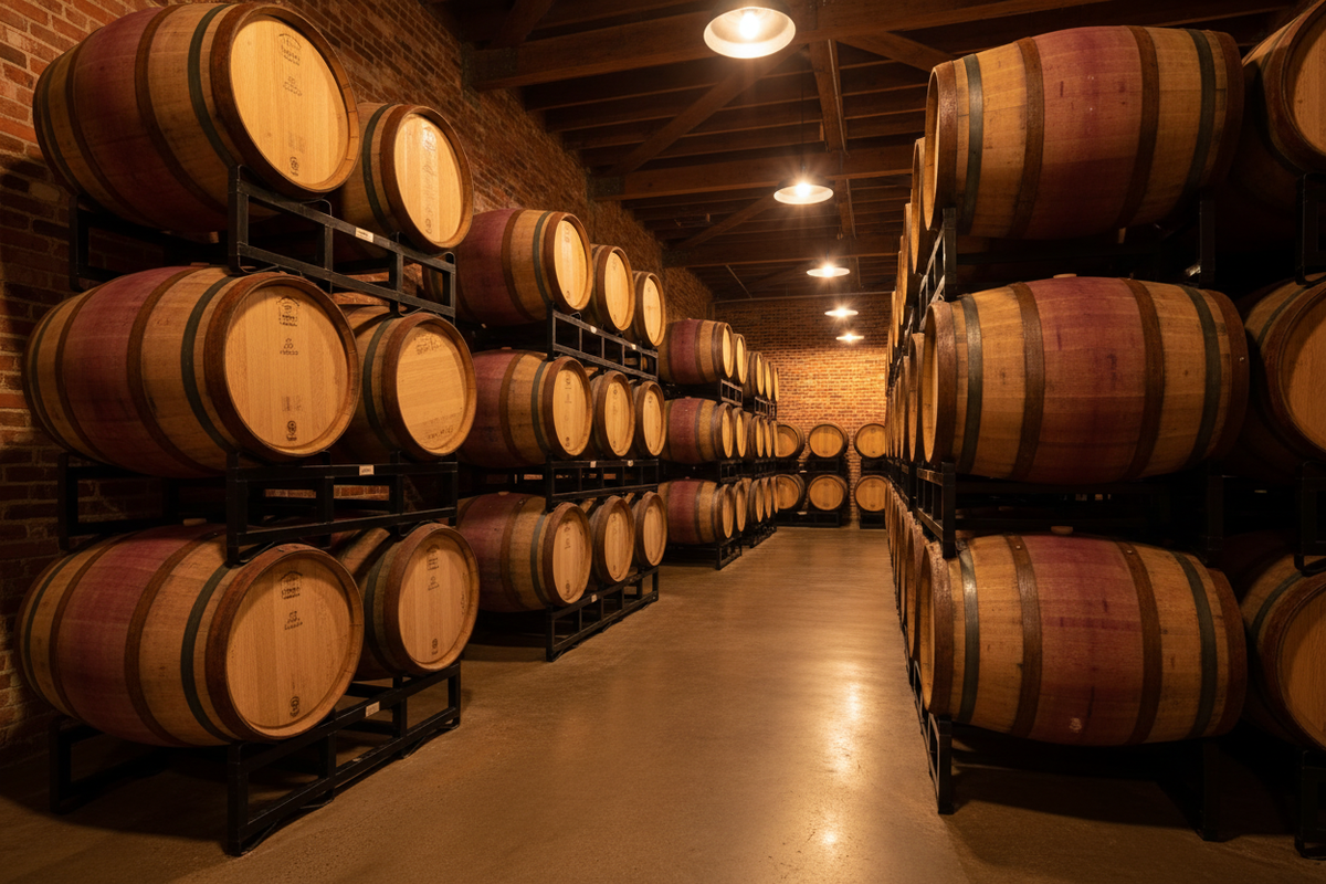 American oak whiskey barrels stacked on BarrelHive black powder-coated steel rack frames in a craft distillery barrel room with warm amber lighting