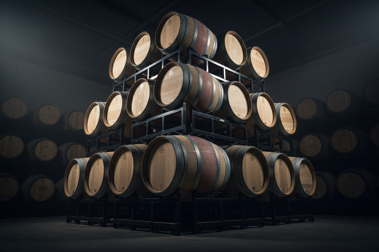 Wine barrels stacked in tall pyramid formations on BarrelHive black powder-coated steel rack frames, viewed from a low angle to show height and stability