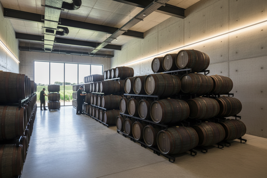 New winery cellar being outfitted with BarrelHive black powder-coated steel barrel rack frames, barrels arranged in pyramid stacking formation