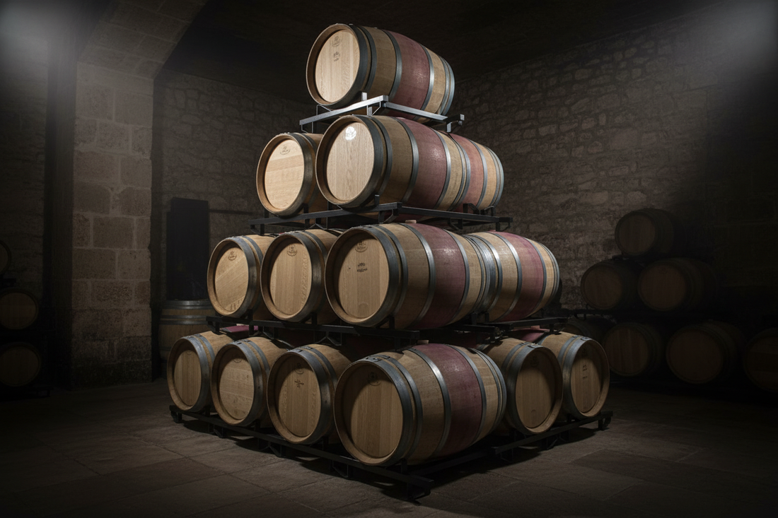 Wine barrels stacked in tall pyramid formations on BarrelHive black powder-coated steel rack frames inside a production winery cellar, with a forklift visible in the background aisle