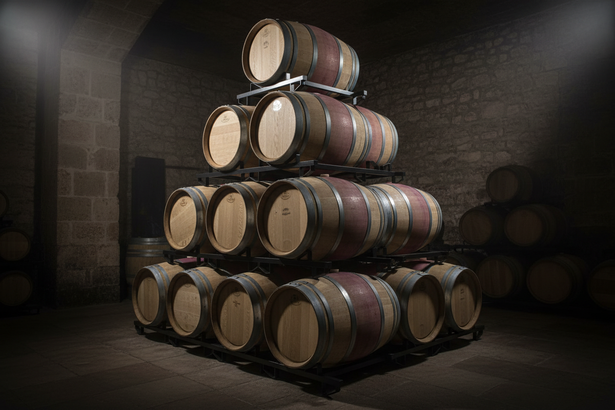 Wine barrels stacked in tall pyramid formations on BarrelHive black powder-coated steel rack frames inside a production winery cellar, with a forklift visible in the background aisle
