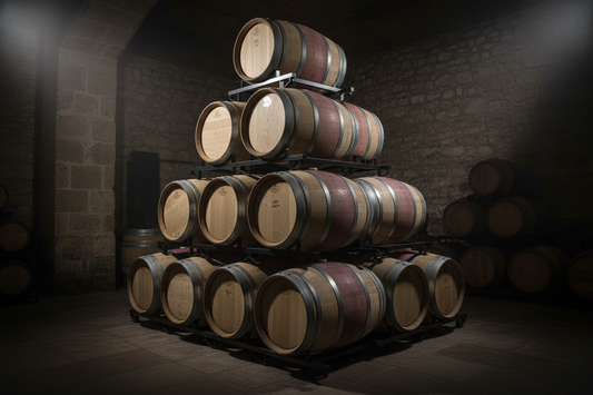 Wine barrels stacked in tall pyramid formations on BarrelHive black powder-coated steel rack frames inside a production winery cellar, with a forklift visible in the background aisle