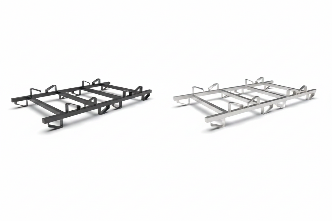 BarrelHive 2-barrel Pyramid™ rack side by side comparison — black powder coated mild steel (left) and stainless steel (right)