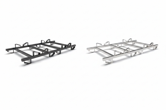 BarrelHive 2-barrel Pyramid™ rack side by side comparison — black powder coated mild steel (left) and stainless steel (right)