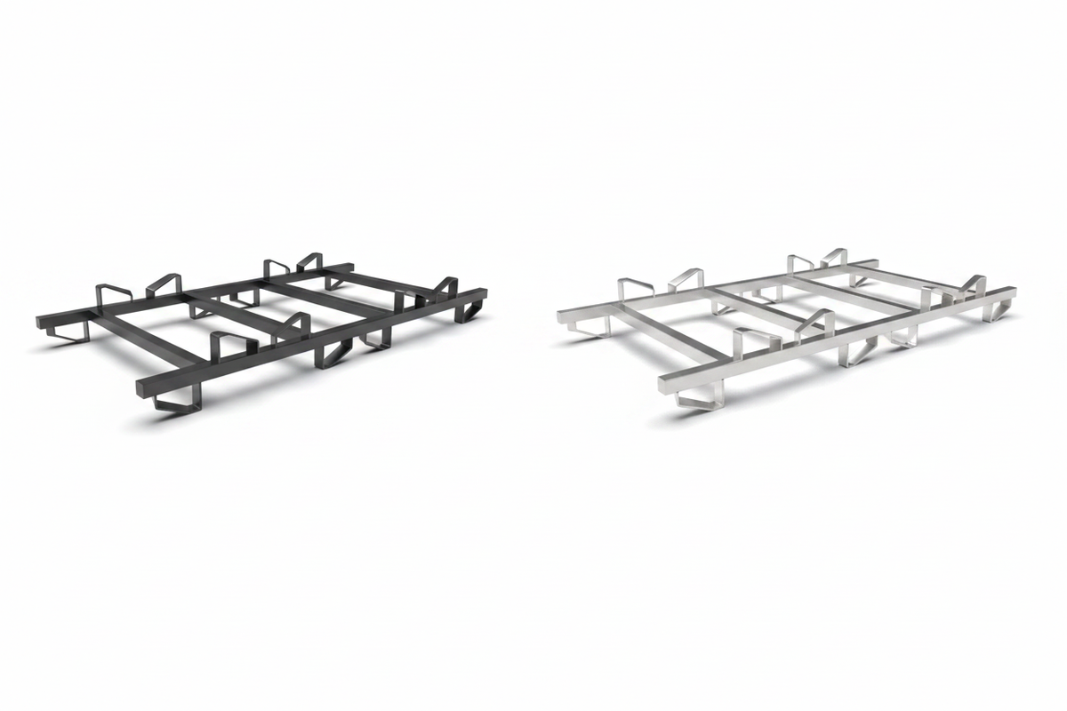 BarrelHive 2-barrel Pyramid™ rack side by side comparison — black powder coated mild steel (left) and stainless steel (right)