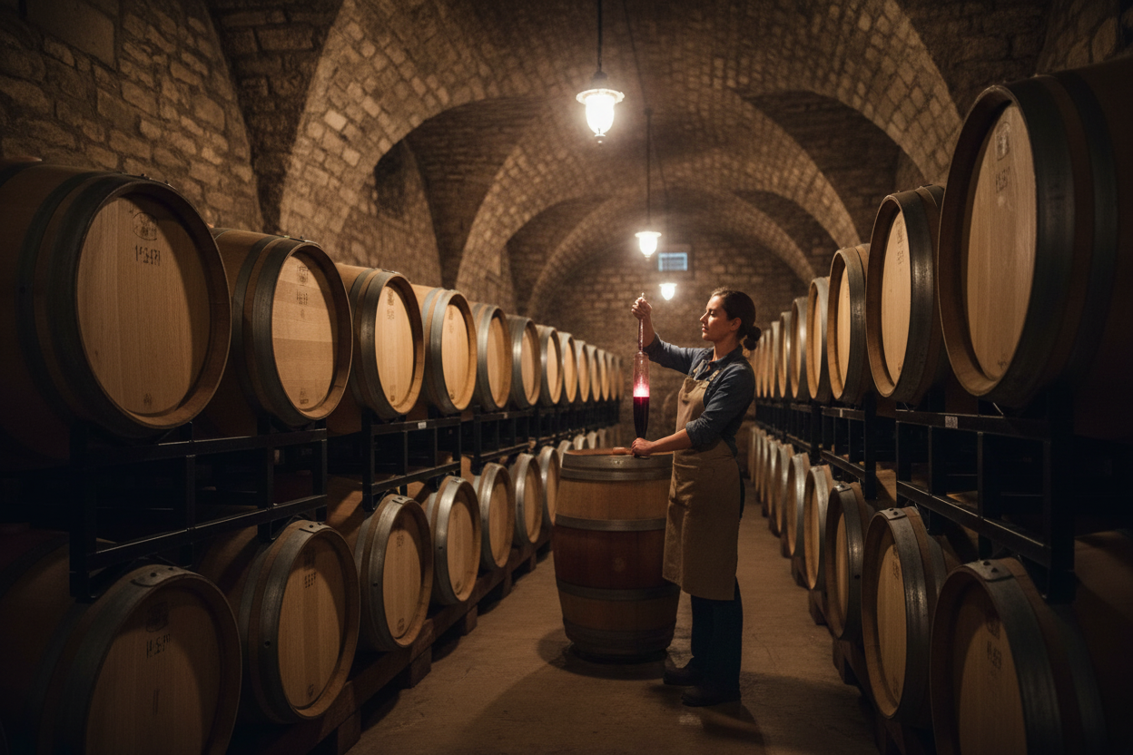 Winemaker using a wine thief to sample wine from a barrel stored on BarrelHive black powder-coated steel rack frames in a dimly lit cellar